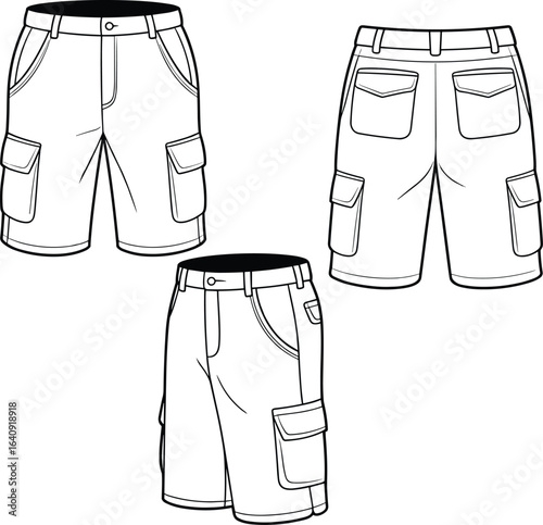 Cargo shorts front, back, side view, multiple pockets, flap pockets, belt loops, button closure, cad drawing flat vector illustration