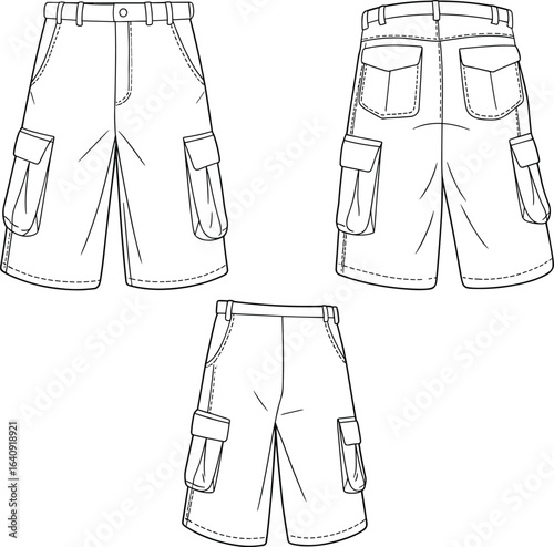 Cargo shorts front, back, side view, flap pockets, button closure, belt loops, stitching detail, cad drawing flat vector illustration