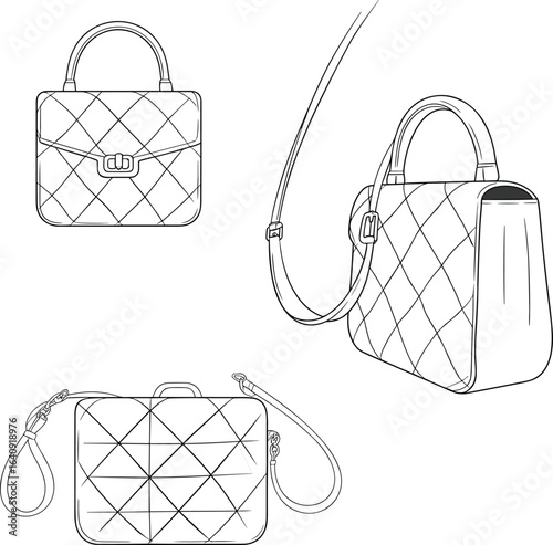 Handbag sketches, quilted pattern, clasp closure, zipper closure, short handle, shoulder strap, detachable strap, cad drawing flat vector illustration