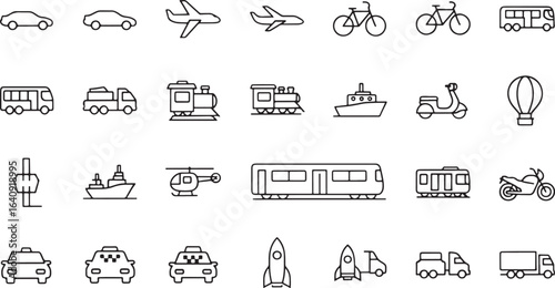 Line art icons representing various modes of transportation including cars planes trains and buses