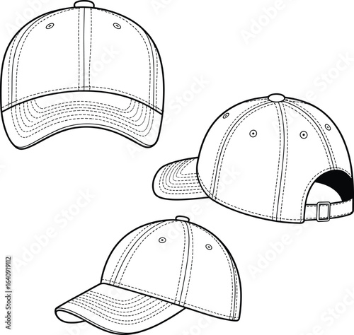 Baseball cap front, back, side view, adjustable strap, detailed stitching, brim, buckle, fashion accessory, cad drawing flat vector illustration