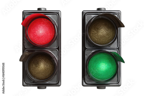 Two traffic lights, one red, one green, on black background.  Detailed 3D render