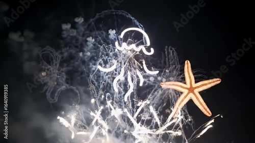 Nighttime Fireworks Display Featuring a White Jellyfish and a Starfish in a Dark Sky.  The vibrant firework display depicts the marine animals with