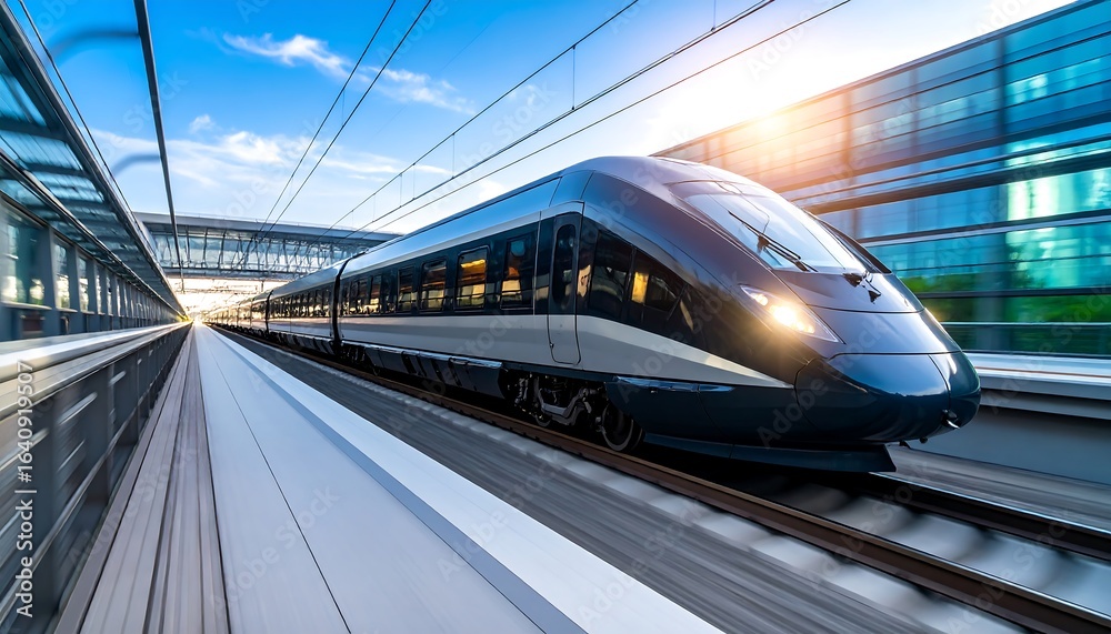 Fototapeta premium High-speed train moving through urban station