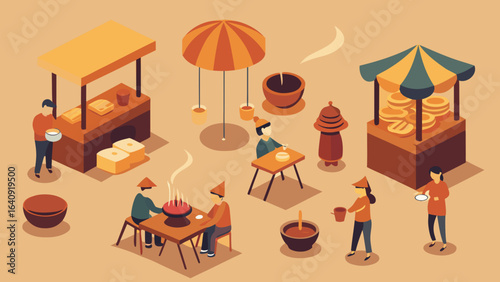 Bustling Hanoi street food market with vendors in conical hats and steaming bowls of pho