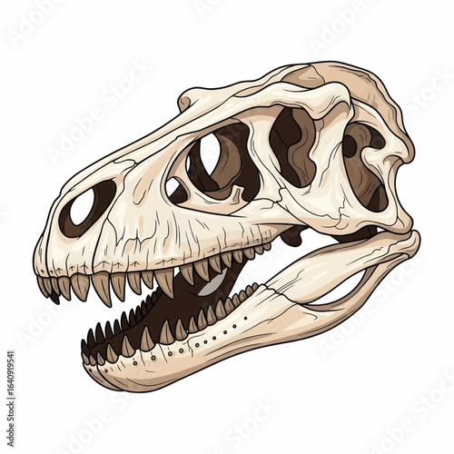 Detailed illustration of a dinosaur skull fossil with visible teeth and bone structure, representing prehistoric paleontology and ancient creatures.