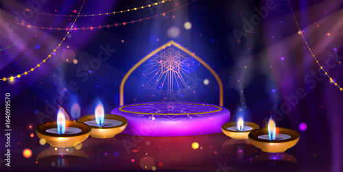Happy Diwali background with glowing lantern and festive podium for celebration display. Traditional Indian festival scene with decorative lights and candles for holiday greetings or showcase.
