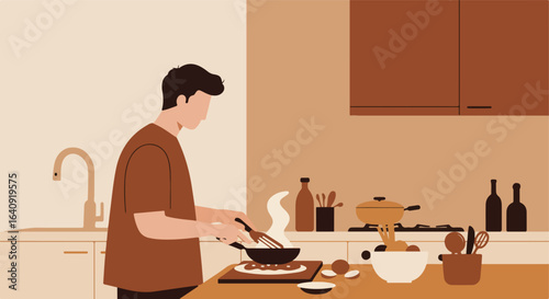 Illustrated man cooks food in a pan in a kitchen with cabinets and utensils