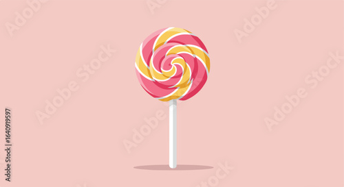 Candy swirl Pink and yellow lollipop with white stick. Sweet treat on a pink backdrop