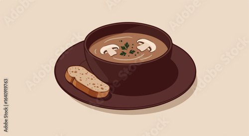 Creamy soup with sliced mushrooms in a brown bowl and bread on light background