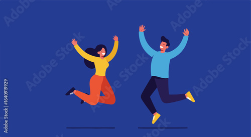 Flat vector art of a smiling pair jumping for joy against a blue backdrop
