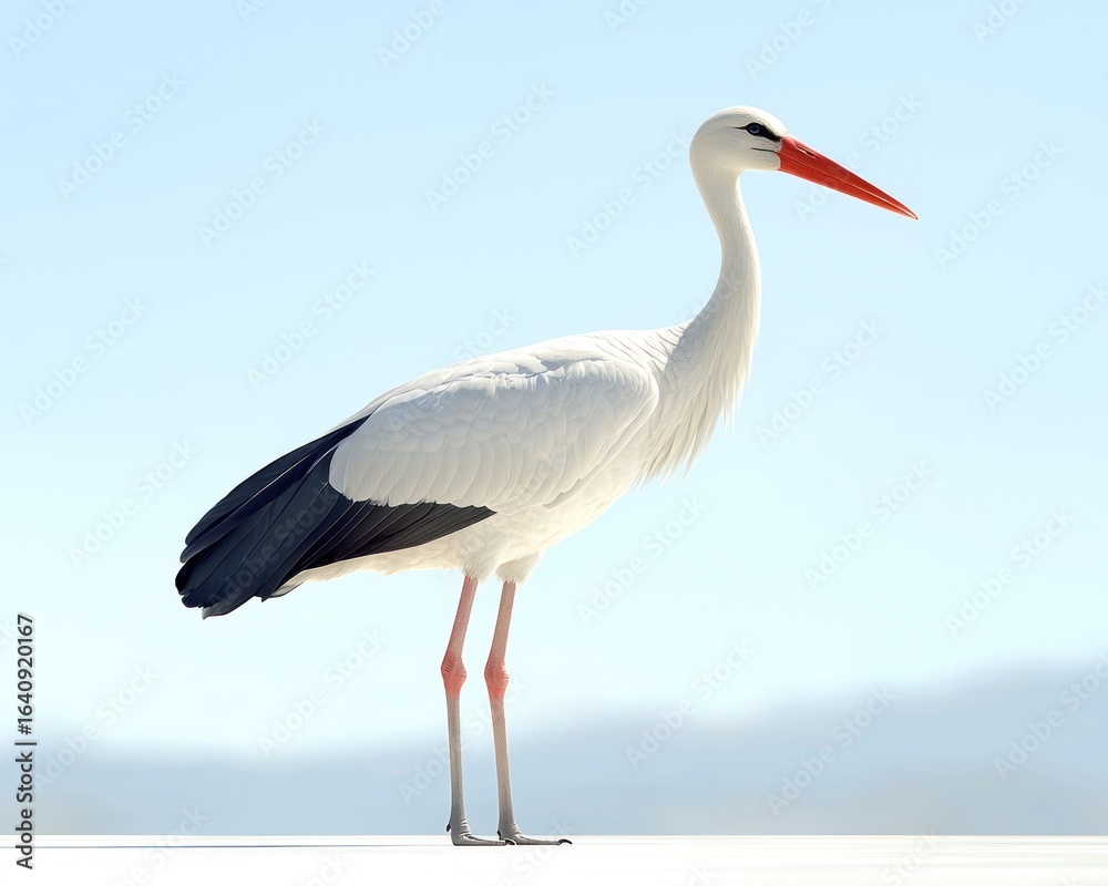 White stork with red beak stands on a surface against a hazy backdrop White stork with red beak stands on a surface against a hazy backdrop