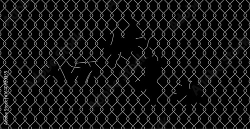 Chain link fence mesh pattern with torn metal texture and broken wire grid for urban industrial background. Damaged security barrier with holes and ripped sections. Black metallic fencing material.