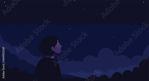 Gaze into the night. A woman stares up at a star-filled night sky and clouds
