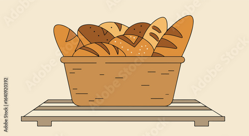 Bakery basket filled with assorted loaves, displayed on a slatted wooden table