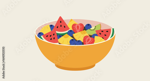 Bowl of fruit salad with melon, berries, strawberries, pineapple, kiwi and cream-colored bowl