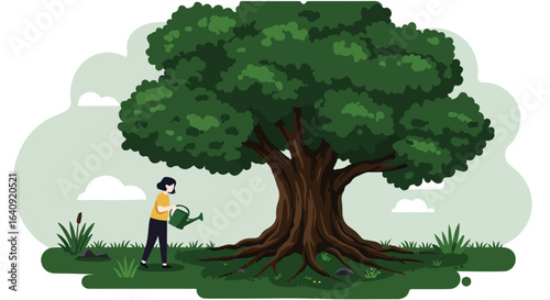 Woman tending to big tree with watering can in grassy field under sky