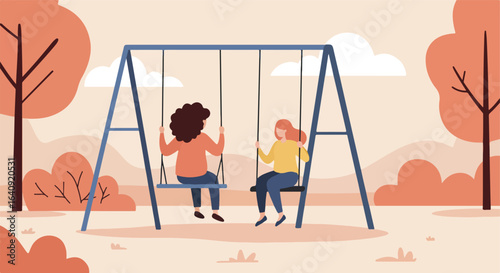 Two people are on swings at the park with fall-colored trees and a light sky
