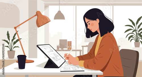 Woman in office sketches design on tablet. Coffee,lamp, plants & city view in background
