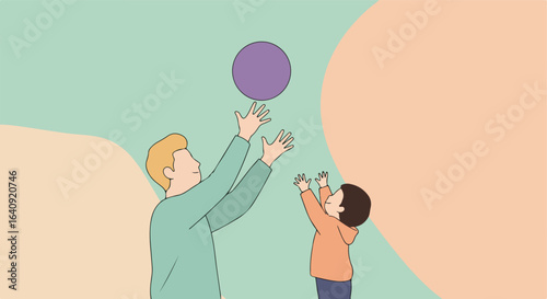 A parent & child playing with a ball, hands reaching up. Pastel shades