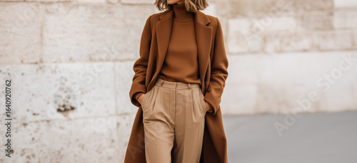 Woman in a stylish monochromatic brown outfit with an elegant coat and turtleneck sweater