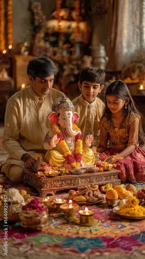 Naklejka premium Family performing ganesh chaturthi rituals with colorful offerings and decorations