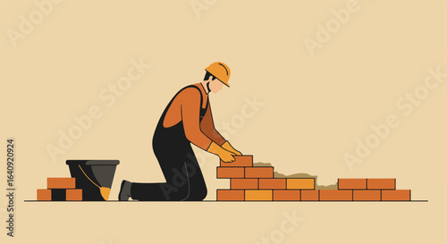 Building with bricks and cement A worker carefully setting bricks
