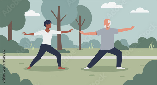 People are doing yoga outside. Calm setting with trees and light grey sky