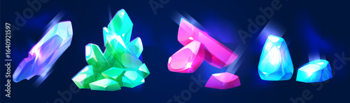 Crystal stone set for game design - glowing gemstone clusters with blue, green and purple facets. Magical mineral formations and fantasy shiny rock shards for treasure loot or cave environment assets.