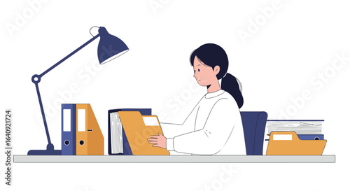 Worker at desk with folders and lamp. Office documentation or paperwork