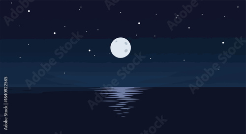 Moonlit serene waters reflecting night sky. Stars twinkle. Calm & peaceful blue shades