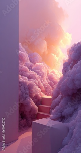 Pink cloud staircase in a minimalist setting.  Soft light, pastel colors