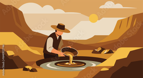 A lone prospector panning for gold in a desert landscape. Brown & tan color palette