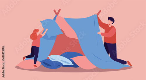 People construct tent out of pillows and blankets together, inside a room setting