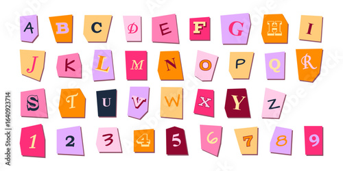 Playful clipping letters - y2k style alphabet with paper cutout. Uppercase symbols for creative projects. Torn edges with mixed fonts, punctuation marks and tilted angles for scrapbook
