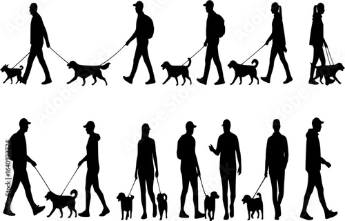 set of silhouettes of people and dogs walking. front, side, back view. isolated on white background. graphic vector illustration.