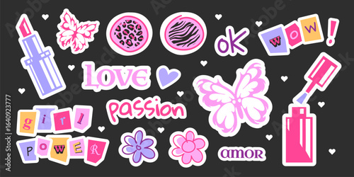 Cute girly icons - y2k sticker set. Lipstick, flowers and hearts, wild animal pattern for nostalgic vibes. Butterfly and nail polish for trendy decoration, black background
