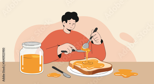 Person spreading honey on toast with spoon. Jar of honey on table background