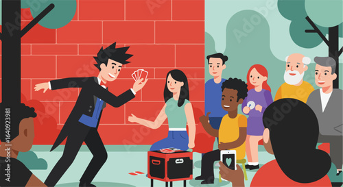 The magician does a trick for the audience. Performance in front of an audience