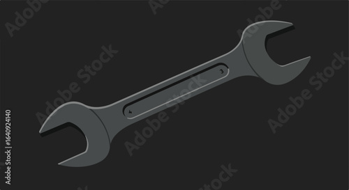 Gray wrench depicted on a dark gray background, in flat and cartoonish vector style