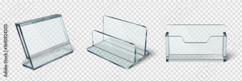 Clear acrylic stand and card holder displays for business cards or signs - transparent desktop organizers with different angles. Professional office accessories for presentations and retail counters.