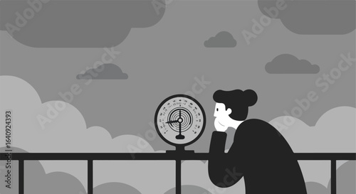 Checking Gauge Man is checking round gauge. Clouds, sky, railing, monochrome palette