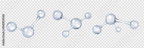 Blue glass chemical molecules with 3d atom structures connected by bonds for science visualization. Transparent spheres form molecular chains and networks for chemistry or research education.