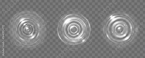 Water ripple rings from drop impact creating circular waves on transparent surface. Concentric circles spread outward with liquid motion effects for splash animation or aquatic design elements.