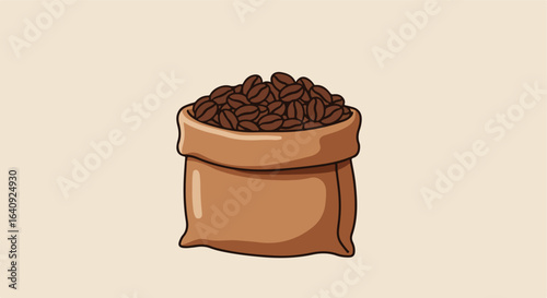Burlap sack overflowing with roasted brown arabica coffee beans on light background