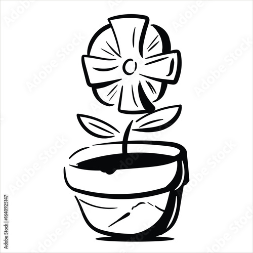 Lineart Morning Glory on Pot Vector Illustration Minimalist Lineart Style