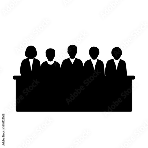 Silhouette illustration of a jury sitting behind a table, judging panel ready. Concept for legal proceedings, judicial review and impartial decisions