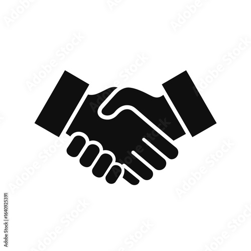 Stylized black silhouette of a handshake on a white background, representing agreement. Concept for legal settlements, partnership collaboration and contract completion for business deals