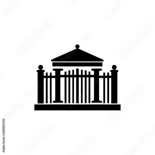 Courthouse front facade icon, black silhouette with pillars and dome. Concept for legal representation, judiciary symbol and government building emblem