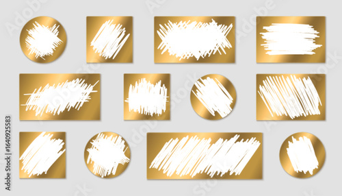 Golden scratch lottery card shapes with white scribbled textures for prize reveal games. Premium metallic surfaces display scratched areas on rectangles, squares and circles for instant win tickets.
